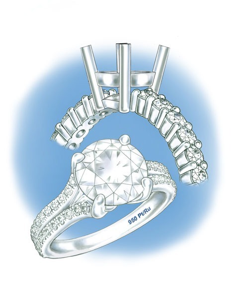 Side and perspective views of four-prong, platinum solitaires with diamonds in the shank. The quality mark of “950 Pt/Ru” is visible in the perspective view, indicating that this ring was made using an alloy of platinum ruthenium Side and perspective views of four-prong, platinum solitaires with diamonds in the shank. The quality mark of “950 Pt/Ru” is visible in the perspective view, indicating that this ring was made using an alloy of platinum ruthenium
