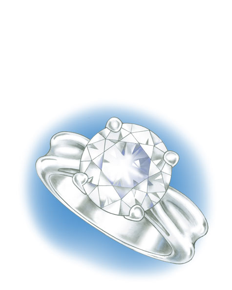 Close-up perspective view of a four prong, platinum solitaire with a round center stone Close-up perspective view of a four prong, platinum solitaire with a round center stone