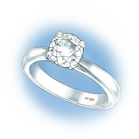 Perspective view of a platinum 4-prong solitaire with no diamonds set in the shank Perspective view of a platinum 4-prong solitaire with no diamonds set in the shank