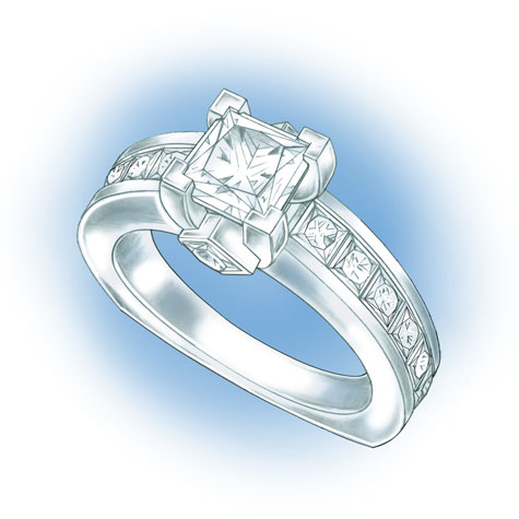 Perspective view of platinum solitaire. Design features a princess cut center stone set in v-prongs, two princess cut, bezel-set side stones in the gallery, and princess cut, channel-set stones down each side of the shank. Perspective view of platinum solitaire. Design features a princess cut center stone set in v-prongs, two princess cut, bezel-set side stones in the gallery, and princess cut, channel-set stones down each side of the shank.