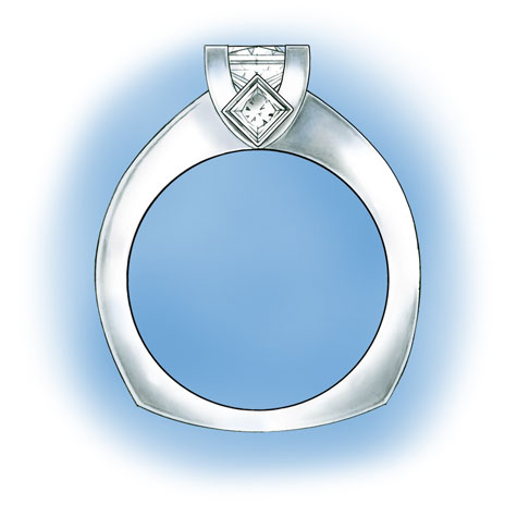 Side view of platinum solitaire. Design features a princess cut center stone set in v-prongs, two princess cut, bezel-set side stones in the gallery, and princess cut, channel-set stones down each side of the shank. Side view of platinum solitaire. Design features a princess cut center stone set in v-prongs, two princess cut, bezel-set side stones in the gallery, and princess cut, channel-set stones down each side of the shank.