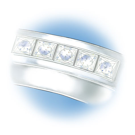 Close-up view of five princess cut, channel-set stones located in the shank of the platinum solitaire. Close-up view of five princess cut, channel-set stones located in the shank of the platinum solitaire.