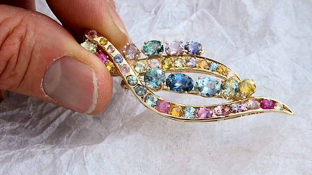 Pin mounted with sapphires found by a visitor at Gem Mountain Pin mounted with sapphires found by a visitor at Gem Mountain