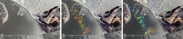 Photomicrographs showing iridescence in aquamarine. Photomicrographs showing iridescence in aquamarine.