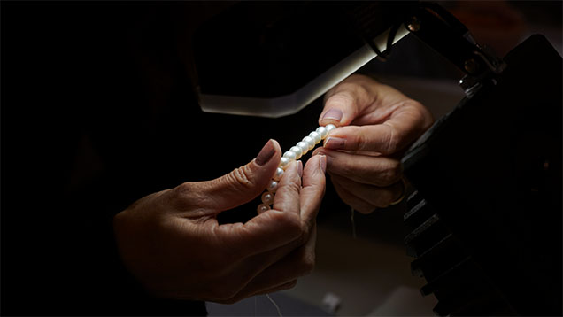 Close-up of hands holding a strand of pearl under a light source. Close-up of hands holding a strand of pearl under a light source.